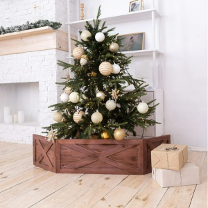 Hallops Wooden Christmas Tree Collar Box, Farmhouse Rustic Vintage Tree Collar, Folding, Standard