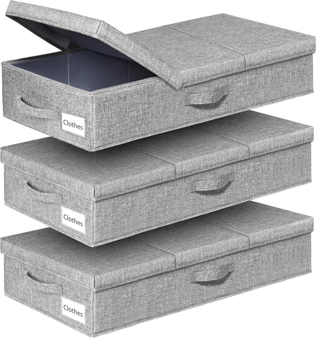 punemi Under Bed Storage Containers, 3 Pcs Large Blanket Clothes Storage Bag, Long Flat Firm Sides Underbed Organization And Storage w/ 3 Handles & Lid For Comforter Toy Closet, 31.1*15.7*6 inch Tall (Grey-3 Pack)