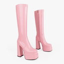 wetkiss Platform Knee High Boots Women Chunky High Heel Black Boots for Women Gogo Boot with Side Zipper Stretchy Boot Not for Bigger Wide Calf, Patent Pink, Size 9