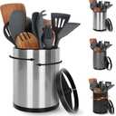 Nigelia Extra Large Kitchen Utensil Holder, 360 Rotating Stainless Steel Cooking Utensil Holder for Countertop, 3 Compartment Flatware Organizer & Cooking Caddy with Removable BaseSilvery