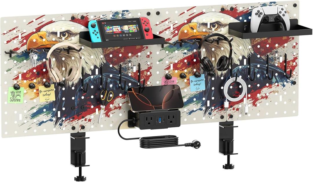 CCCEI Modular Pegboard Desk Organizer and Storage, Gaming Office Supplies Shelf Accessories with Outlets and USB, Metal Privacy Panels Peg board Deco Clamp on Table, Gifts for Men, 6FT.