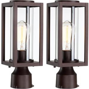 Outdoor Post Lights Lamp Post Light Fixture 2 Pack, Modern Brown Exterior Post Lantern Fixture with Tempered Glass, Anti-Rust Light Posts for Outside for Driveway Patio Garden (No Sensor)