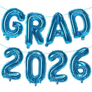 2 x KALOR Blue GRAD 2026 Banner Balloons, 16 Inch Mylar Foil letter Graduation Balloons 2026 Sign for Graduation Party Decorations, 8 Count