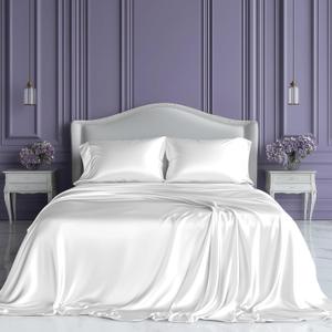 SLEEP SANCTUARY Satin Sheets King Size  4 Piece Luxury Silky Bed Set, Softer Than Silk, 15" Deep Pocket, Cooling & Wrinkle-Free, Moisture-Wicking & Breathable for Hair & Skin (White)