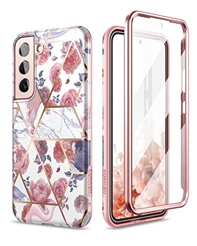 SURITCH for Samsung Galaxy S22 Case, [Built-in Screen Protector] Full Body Protection Shockproof Rugged Bumper Slim Soft Silicone Protective Cover for Galaxy S22 6.1 Inch (Marble Rose)