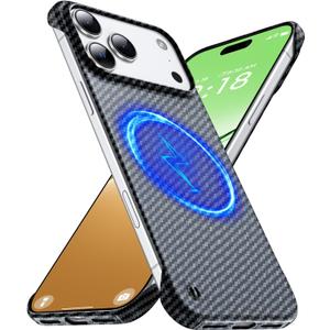 GRECAZO Magnetic Ultra-Thin Frosted Soft Touch Skin Borderless Carbon Fiber Style Texture for iPhone 17 Pro Max Frameless Case 6.9" Slim Minimalist Lightweight Matte Hard for MagSafe Cover Case-Black