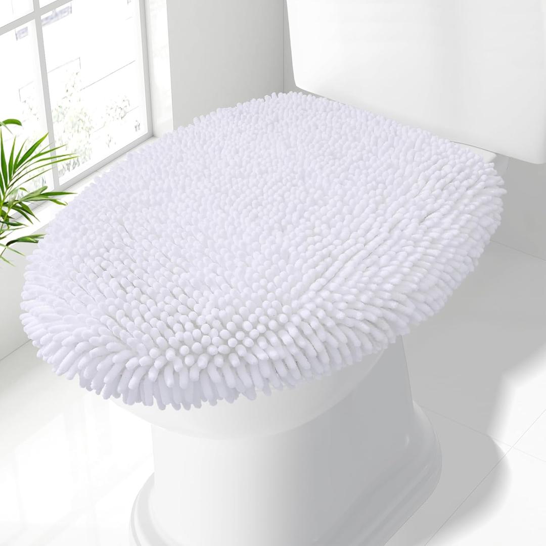 Smiry Soft Chenille Bathroom Toilet Lid Cover, Machine Washable Covers, 17.5x15, Fits Most Round, Elongated and Oblong Lids, Accessories Decor, White