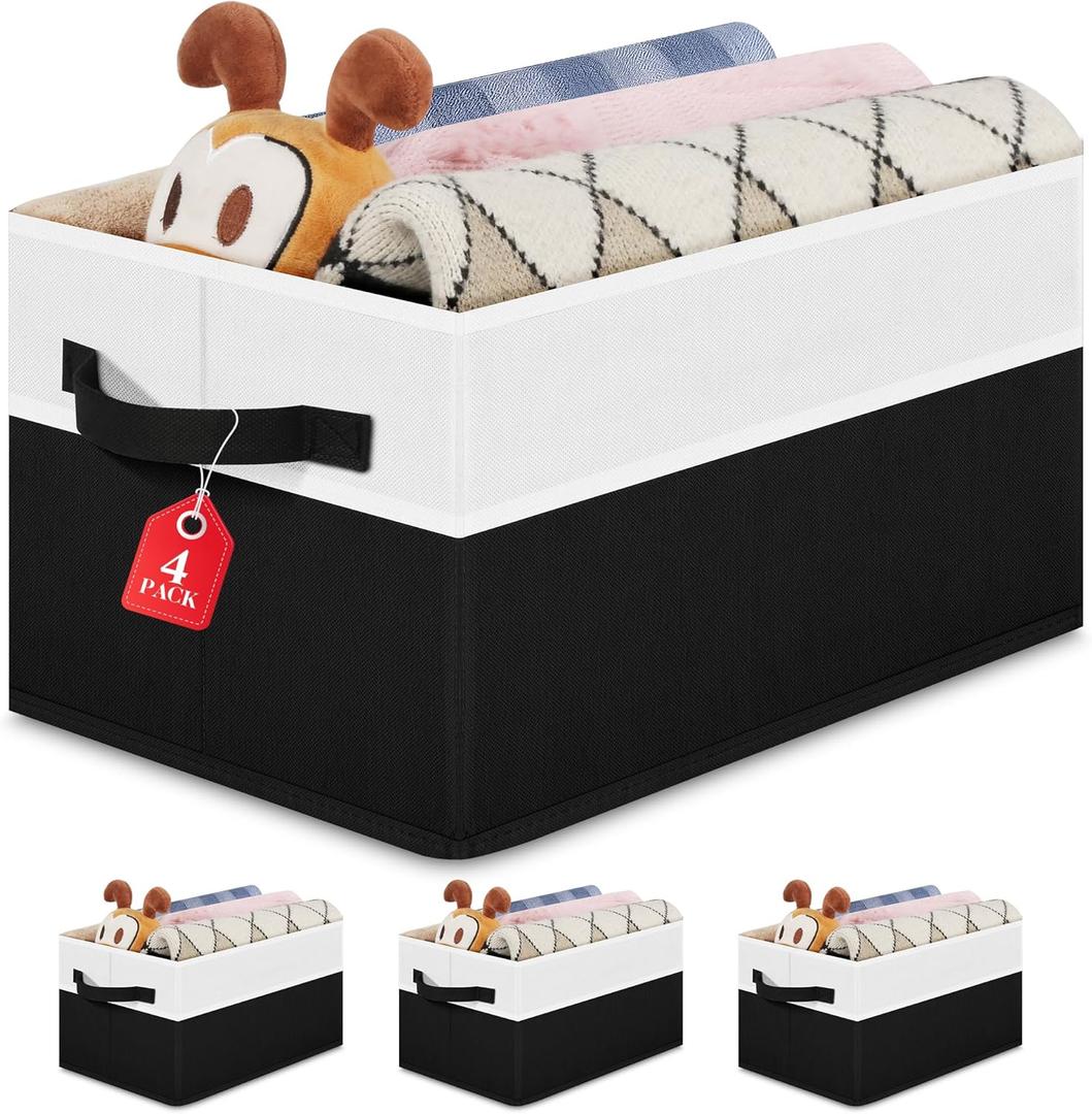 Large Shelf Storage Bins [4 Pack],Decorative Collapsible Storage Basket,Fabric Closet Organizer and Home Storage Cubes with Handles for Organizing Books, Clothes, Toys, NurseryBlack