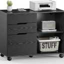 File Cabinet with 3 Drawers, Mobile Lateral Filing Cabinet with Open Storage Shelves for Home Office Under Desk Storage, Black