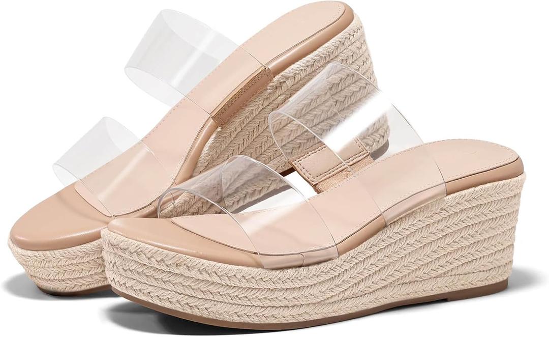 Coutgo Womens Platform Wedge Sandals Espadrille Raffia Heeled Slides Open Toe Two Band Beach Vacation Shoes 7.5