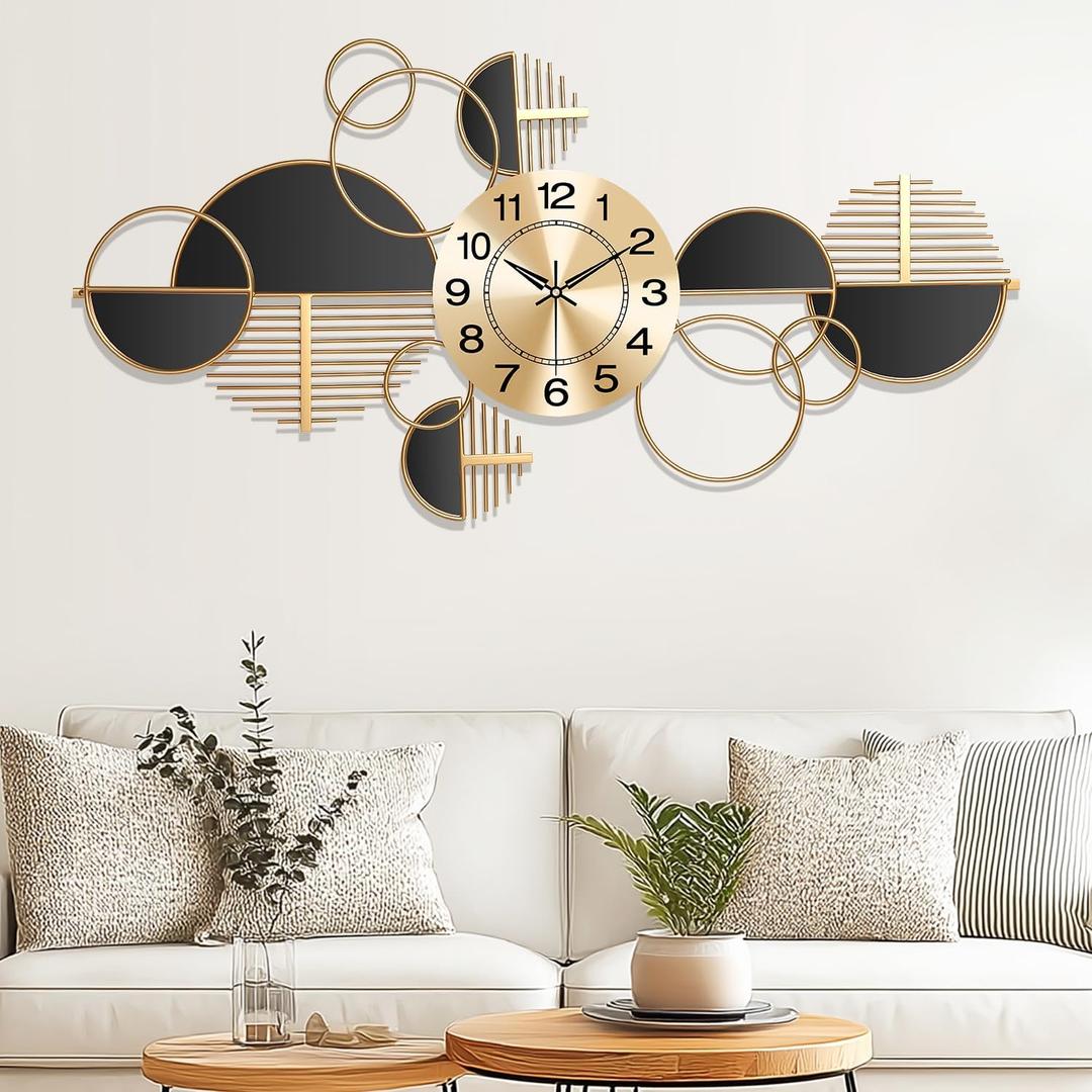 Large Wall Clock,Modern Silent Non-Ticking Metal Wall Art Wall Clocks Battery Operated, Horizontal or Vertical Hanging Clock for Living Room, Kitchen, Bedroom, or Office Wall Decor (34") (Gold-small)