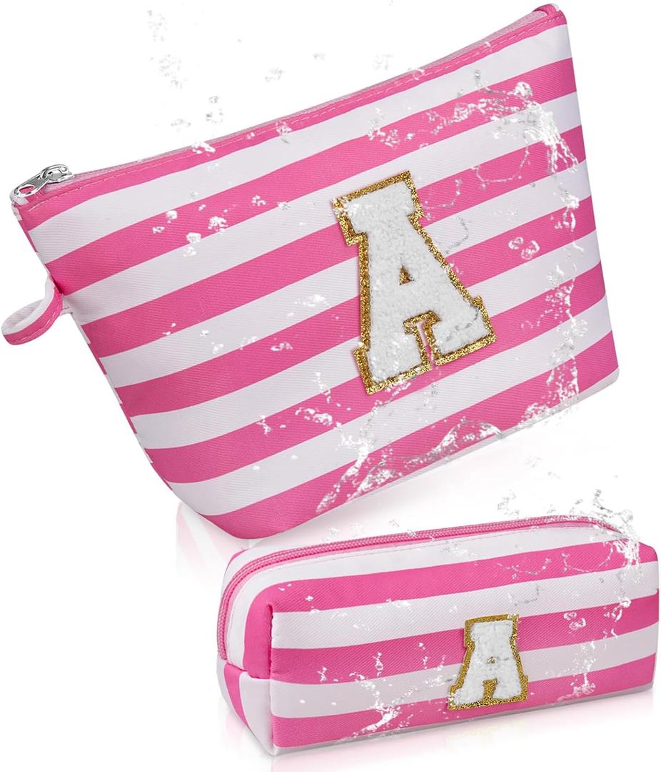 Gosect Initial Makeup Bag Personalized Stripe Cosmetic Bag Cute Waterproof Travel Toiletry Bag Birthday Gifts for 10 11 12 13 14 15 16 Years Old Teen Girl Gift Trendy Stuff (Pink A)