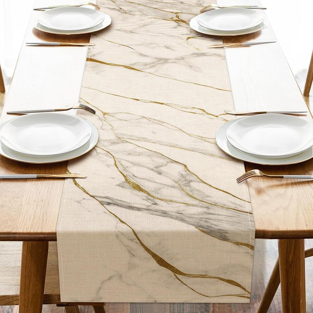White Gold Marble Texture Dining Table Runner, Modern Abstract Fluid Art Geometric Burlap Kitchen Decoration, Luxury Indoor Outdoor Home Decor Party Supply 13 x 72 Inches