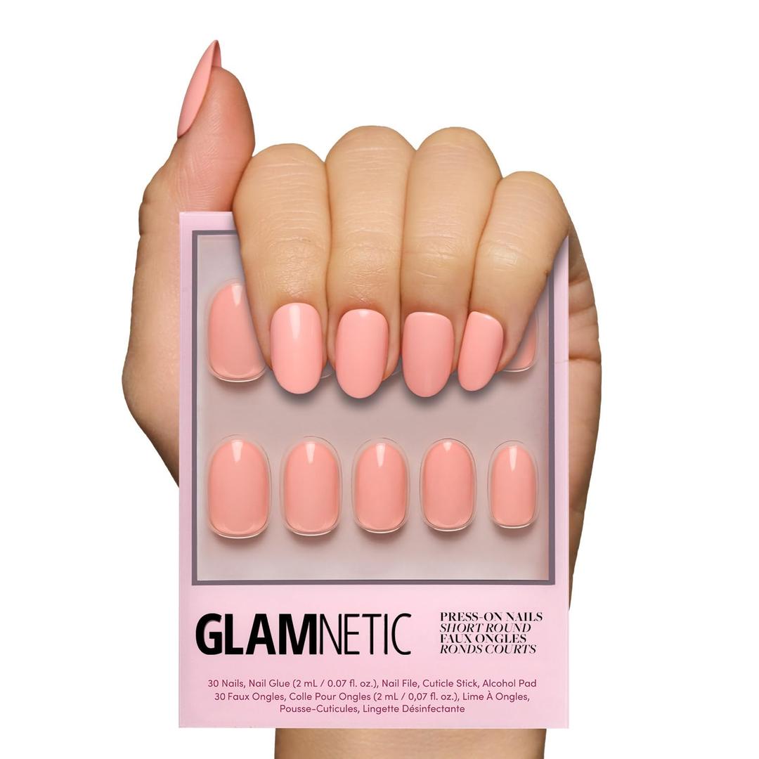 Glamnetic Press On Nails - Peach Coral | Short Round Orange Fake Nails with Glossy Finish, Salon Quality | 15 Sizes - 30 Nail Kit with Glue