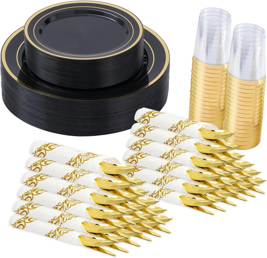 175 Pcs Black Gold Disposable Plates for 25 Guests, Disposable Plastic Plates, Dinnerware Set Include 25 Dinner Plates, 25 Salad Plates,25 Cups, 25 Paper Napkins for Party, Wedding