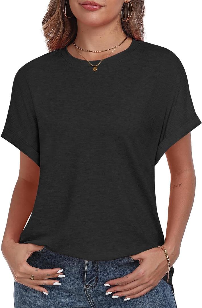 Womens Tops Summer Oversized T Shirts Short Sleeve Tunics Fashion Dressy Clothes Trendy Business Casual Outfits 2025 (Black, L)
