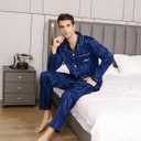 2 x Men's Silky Satin Pajama Sets Mens Sleepwear Big and Tall Pajamas for Men Loungewear Summer Pjs Lounge Set M-5XL (Blue, XL)