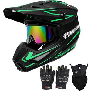 Youth Motorcross Helmet, Kids Dirt Bike Helmets, Motorcycle Helmets Off-Road Mountain Bike BMX MX ATV Helmet with(Gloves Goggles Mask) 4Pcs Set - DOT Approved (B-Green, X-Large)