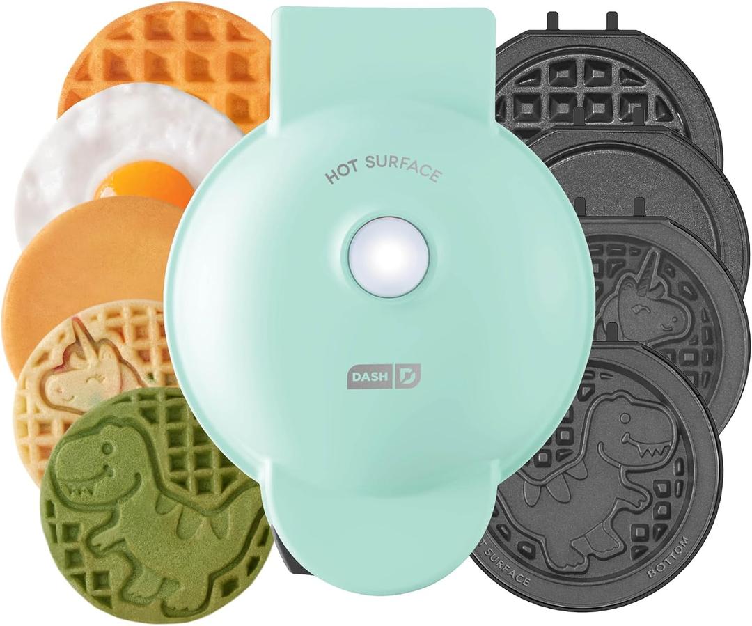 DASH Multimaker Mini System - Waffle Maker with Six 4 Removable Plates: Waffle Iron & Griddle, 4-in-1 Mini Waffle Maker for Kids and Families  Nonstick Surface, Just Add Batter (Aqua)