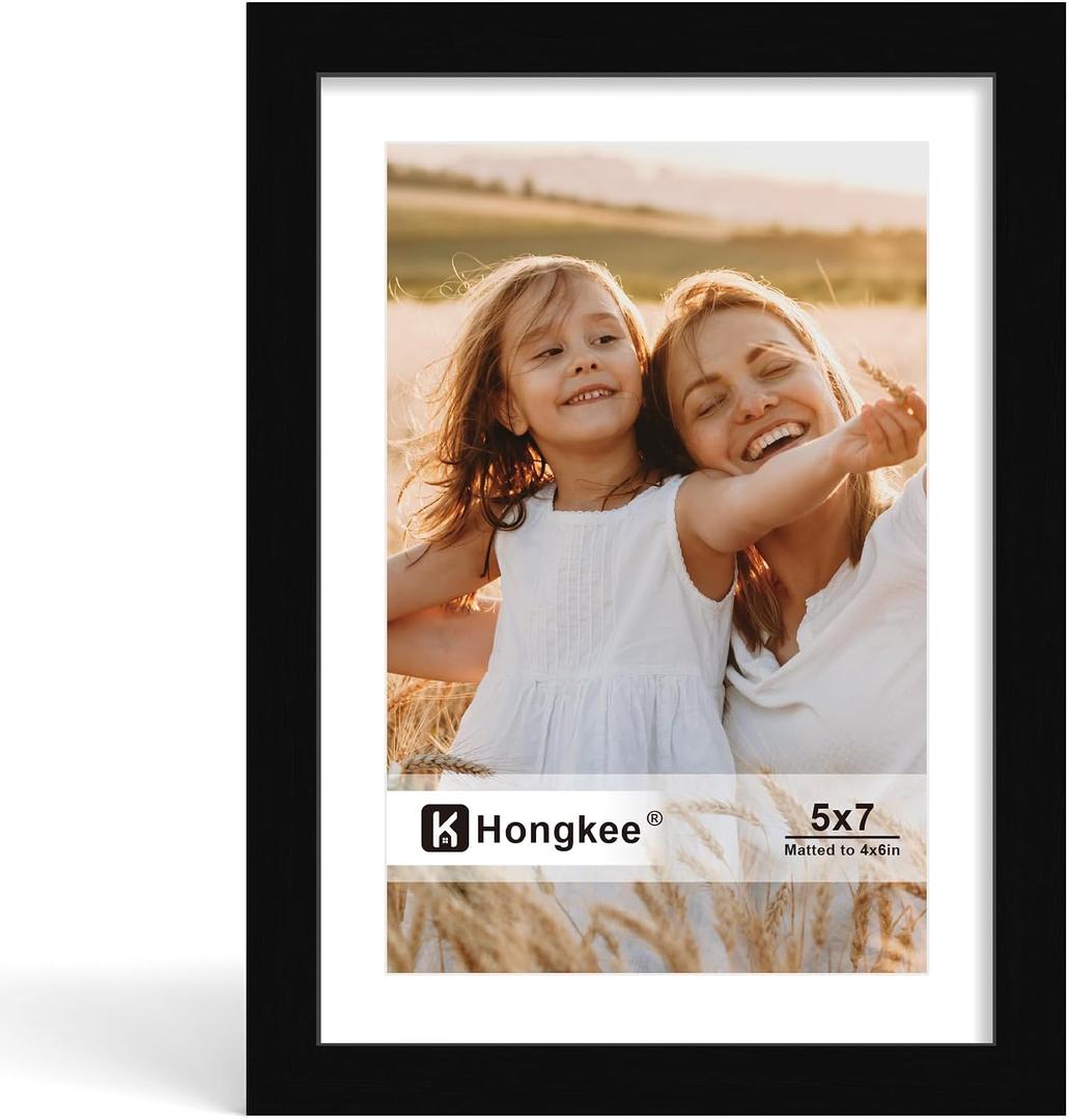 Hongkee 5x7 Picture Frame, Made of Solid Wood with Real Glass, Display Pictures 4x6 with Mat or 5 x 7 without Mat - Wall and Tabletop (Black, 1 Pack)