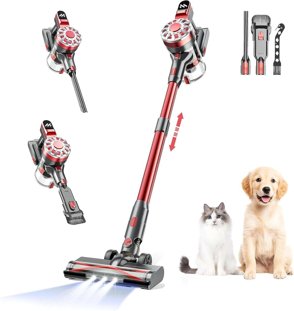 Cordless Vacuum Cleaner,Vacuum Cleaners for Home with Super Suction,Lightweight Stick Vacuum with 35 Mins Runtime,Rechargeable Cordless Vacuum for Carpet, Tile, Pet Hair, Hardwood Floors(Red)