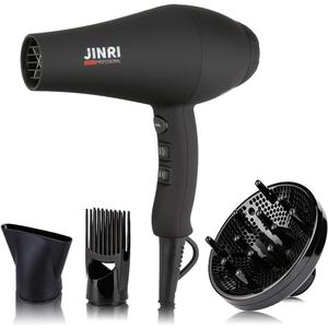 JINRI Hair Dryer, 1875W, 3 Heat & 2 Speed, with Diffuser, with Concentrator, Ionic Technology & Infrared - Black, Detachable Air Intake, Hanging Strap, Non-Foldable, 125V, JINRI-104