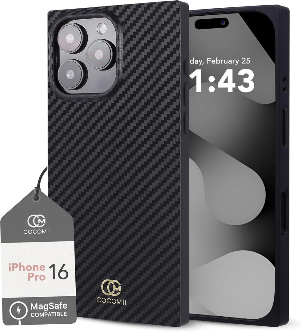 Cocomii - Rectangle Case Compatible with iPhone 16 Pro - Compatible with MagSafe, Carbon Fiber Texture, Aramid Pattern, Glossy, Magnetic Phone Case for iPhone 16 Pro 6.3 inch, Black