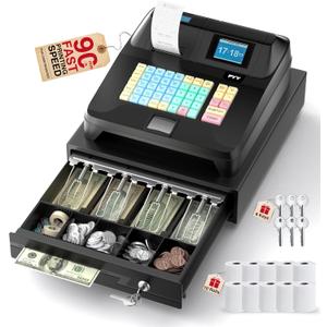 PYY Cash Register for Small Businesses - Electronic Commercial Caja Registradora para Negocio with Lock Cash Drawer Box, 48 Keys, 8 Digital Dual Display, Restaurant Supermarket Retail System (Medium, Black)