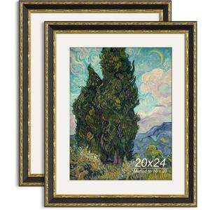 20x24 Vintage Picture Frame, Ornate Antique Gold 20x24 Frame for Wall, White Mat for 16x20 Photos, 1.4-inch Wide Molding - Portrait or Landscape - Wall Mount for Home (Black/Gold, 2 Pack)