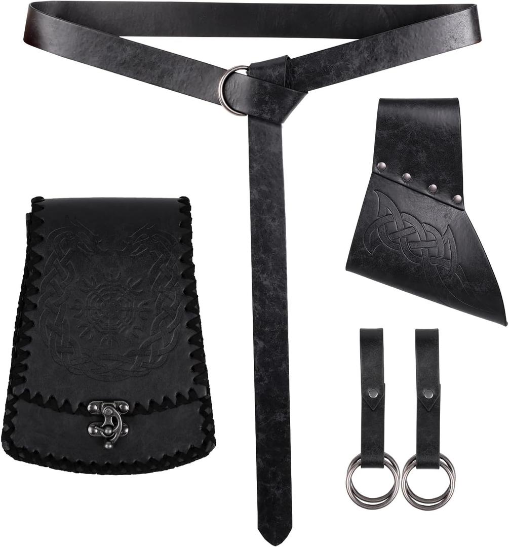 HiiFeuer 5 pcs Sword Frog Accessories Set Viking Costume Accessories, Norse Belt Bag Renaissance Skirt Hike for Ren Faire, Black C