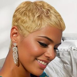 Besteffie Pixixe Cut Wigs for Black Women Short Layered Pixie Cut Human Hair Wigs With Bangs Summer No Glue Short Human Hair Wig for Daily Use (6 Inch, 27)