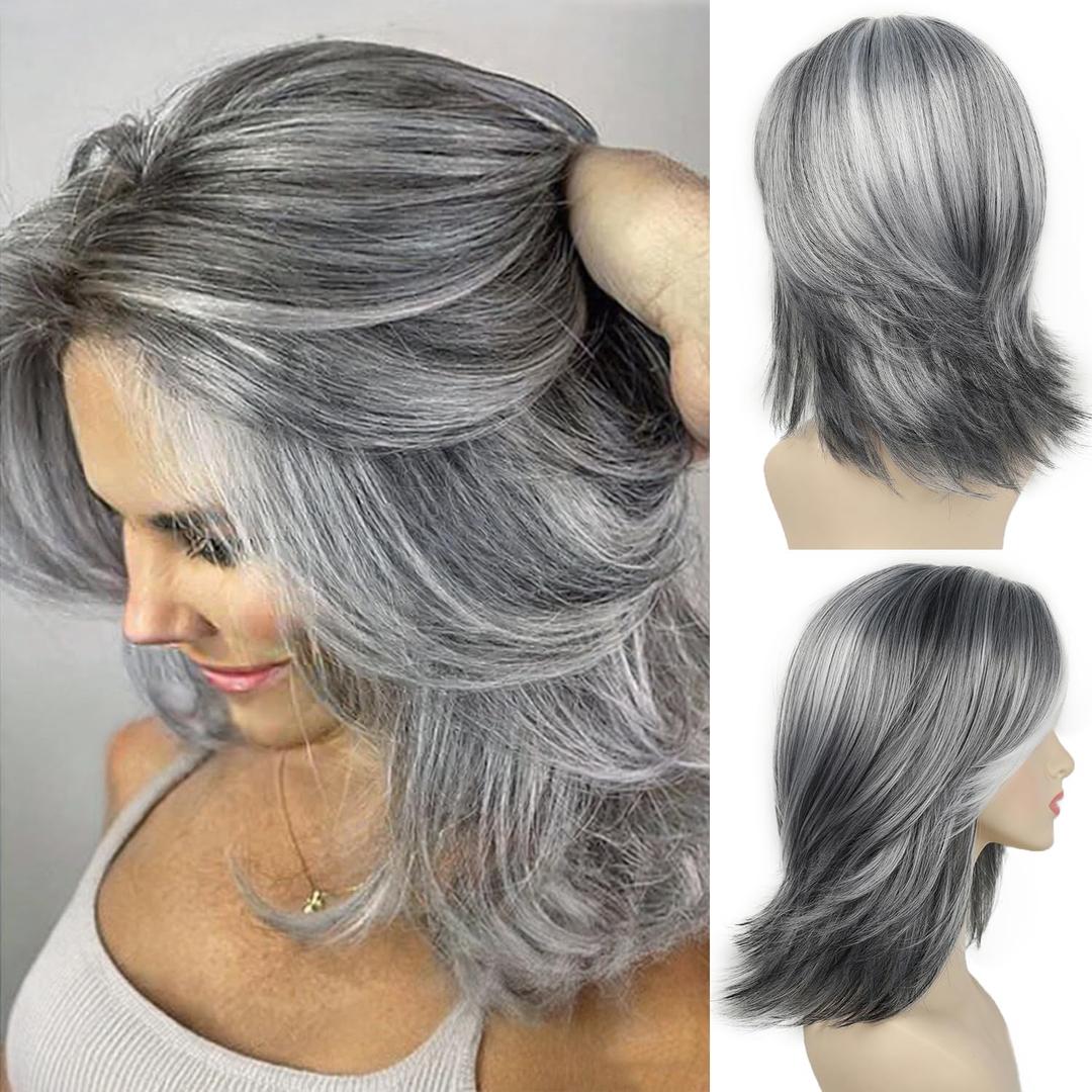 SEVENCOLORS Layered Grey Silver Wigs for Women Short White Mixed Gray Wig with Curtain Bangs Synthetic Hair Medium Length Bob Wigs
