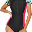 Yonique Women's Rash Guard Short Sleeve Swimsuits One Piece Zipper Bathing Suit Surfing Swimwear UPF 50+,S