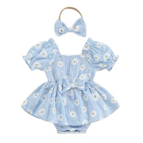 Baby Girls Floral Leotard Romper Newborn Daisy Playsuits Ruffled Sleeve Onesie Infant Jumpsuit Clothes Headband (A Blue, 6-12 Months)