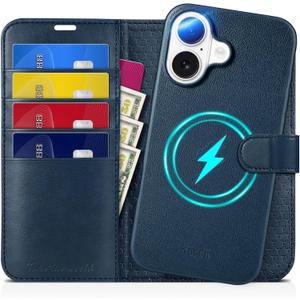 TUCCH Wallet Case for iPhone 16, [Detachable] [RFID Blocking] [4 Card Slots] Wireless Charging Protective Case, Magnetic PU Leather Stand Removable Folio Compatible with iPhone 16, Full Dark Blue