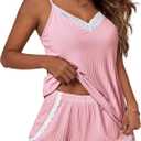 Ekouaer Womens Pajama Sets Soft Lingerie Sleepwear 2 Piece Cami Shorts Set V Neck Pj Lace Nightwear (XX-Large, Pink)
