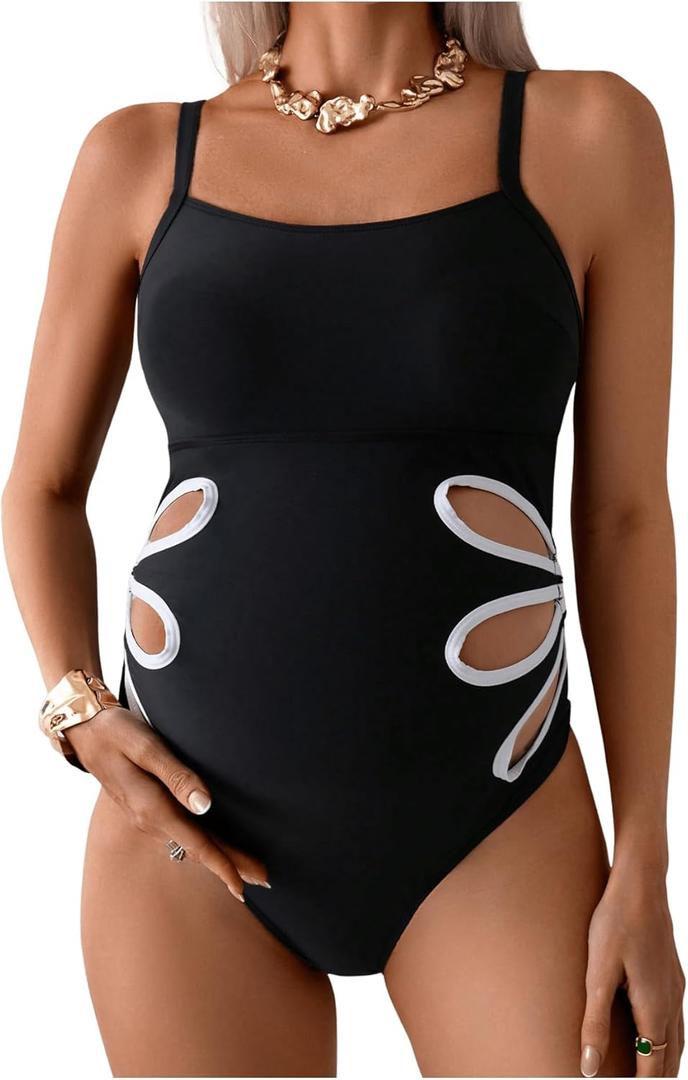 OYOANGLE Women's Maternity One Piece Swimsuits Cut Out Spaghetti Strap Pregnancy Bathing Suits Swimwear (Large, Black and White)