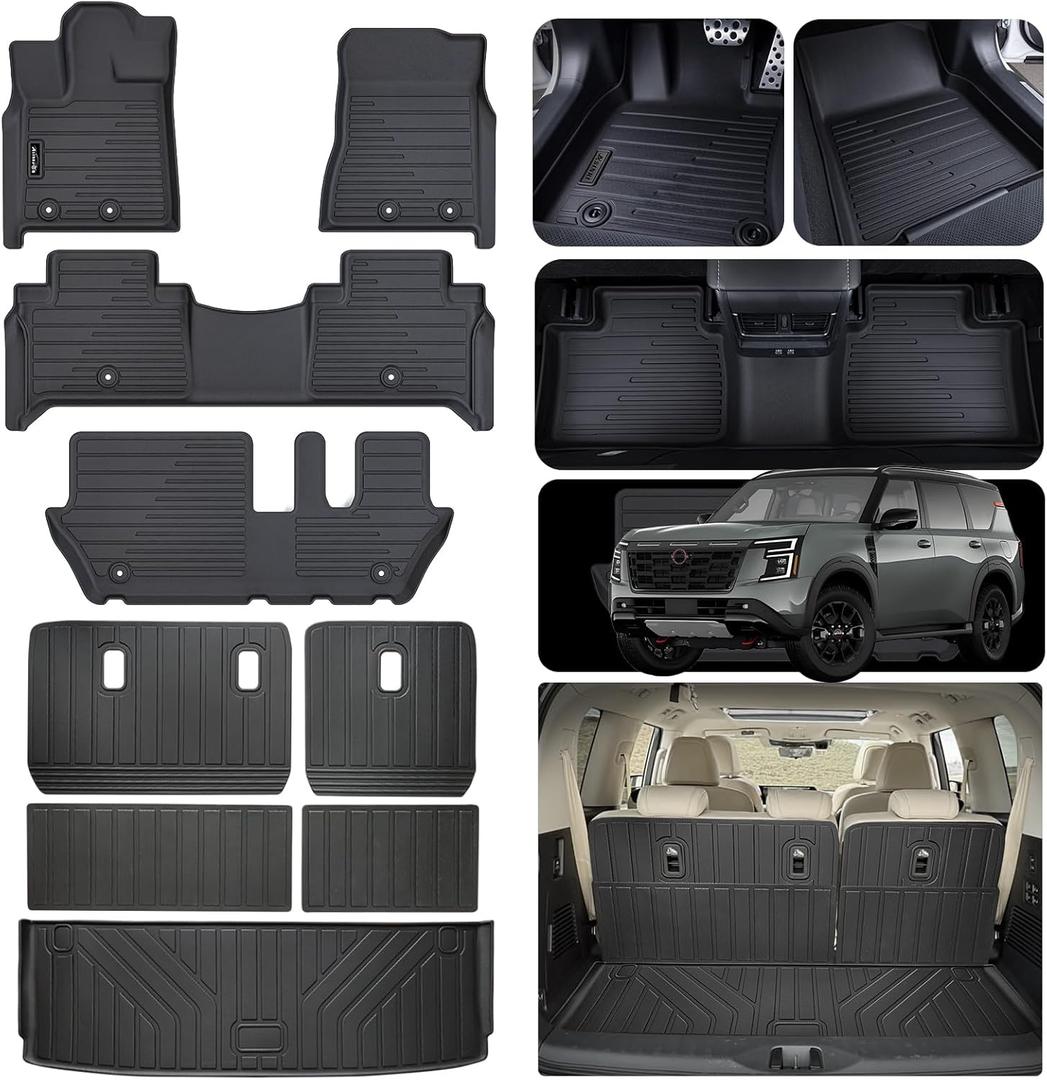 Floor Mat for 2025 Nissan Armada Only Suit for 8 Seats, TPE All Weather Protection Floor Liners & Cargo Liners Velcro Covering The Backrest (for 2025 Nissan Armada-8)