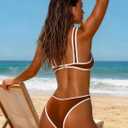SOULSHE Sexy Bikini Sets for Women Two Piece Color Block Bathing Suit Women's High Leg Thong Swimsuits (Brown, XL)