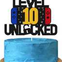 3 x Level 10th Unlocked Sign Cake Topper Happy 10th Birthday Level Up Tenth Cake Decorations for Video Game Controller Themed Boy Girl Bday Party Supplies Double Sided