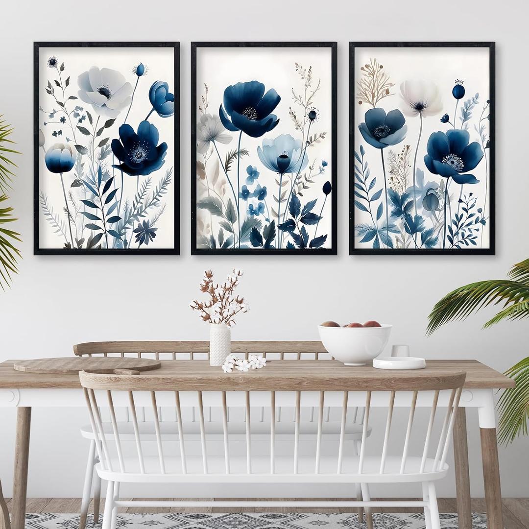 DUWQU 3 Pcs Blue Floral Canvas Wall Art, Wood Framed Navy Blue Wildflower Lily Daisy Wall Decor, Watercolor Botanical Flower Home Poster Art Prints for Living Room Bedroom Bathroom 16×24 Inches
