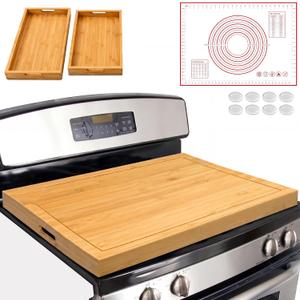Bamboo Stove Top Cover Set with Handles, 30 x 22 in Noodle Board for Gas & Electric Stove, Reversible Cutting Board for Extra Counter Space, Silicone Pastry Mat and 2 Serving Trays