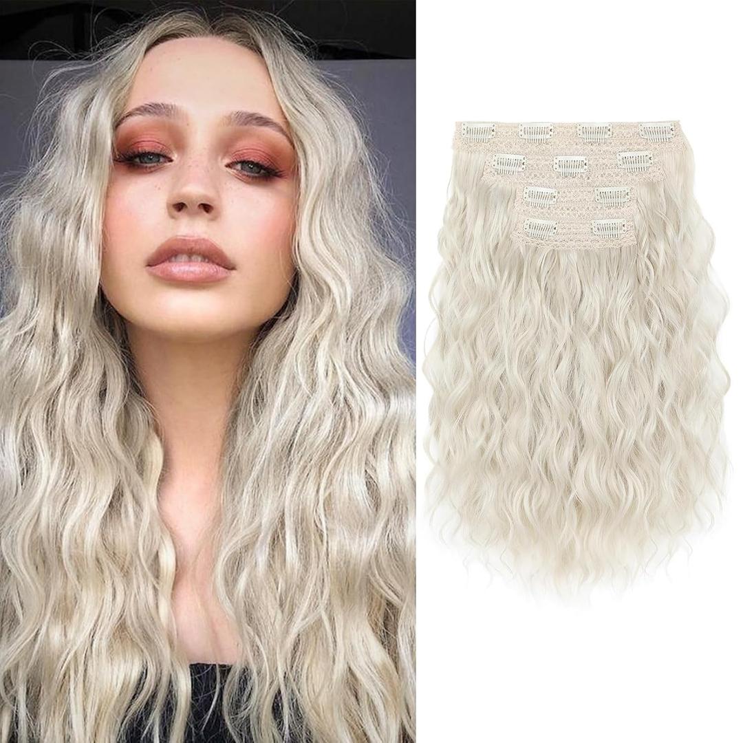 REECHO Clip-in Hair Extensions, 4PCS 14" Wavy Hairpieces - Invisible Lace Weft, Soft Natural Hair - Platinum Blonde