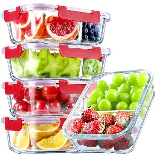 VERONES 4 Pack Glass Meal Prep Containers 2 Compartment Set, 36OZ Airtight Glass Lunch Containers, Glass Food Storage Containers with Lids, for Microwave, Oven, Freezer & Dishwasher Friendly,Red