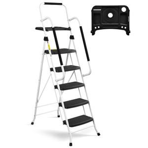 HBTower Step Ladder, Folding Step Stool with Wide Anti-Slip Pedal, Sturdy Steel Ladder, Convenient Handrail, Lightweight, Portable Steel Step Stool (White)