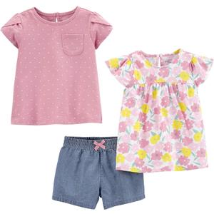 Simple Joys by Carter's Baby Girls' 3-Piece Playwear Set, Denim/ Pink Dots/ White Floral, 3T