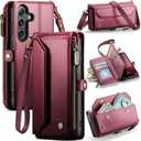 for Samsung Galaxy S25/S24 Case, Women Men Multi-Function Wallet Case with Stand RFID Blocking Featuring Magnetic Closure Zipper Includes Shoulder Strap Wrist Strap (Red)