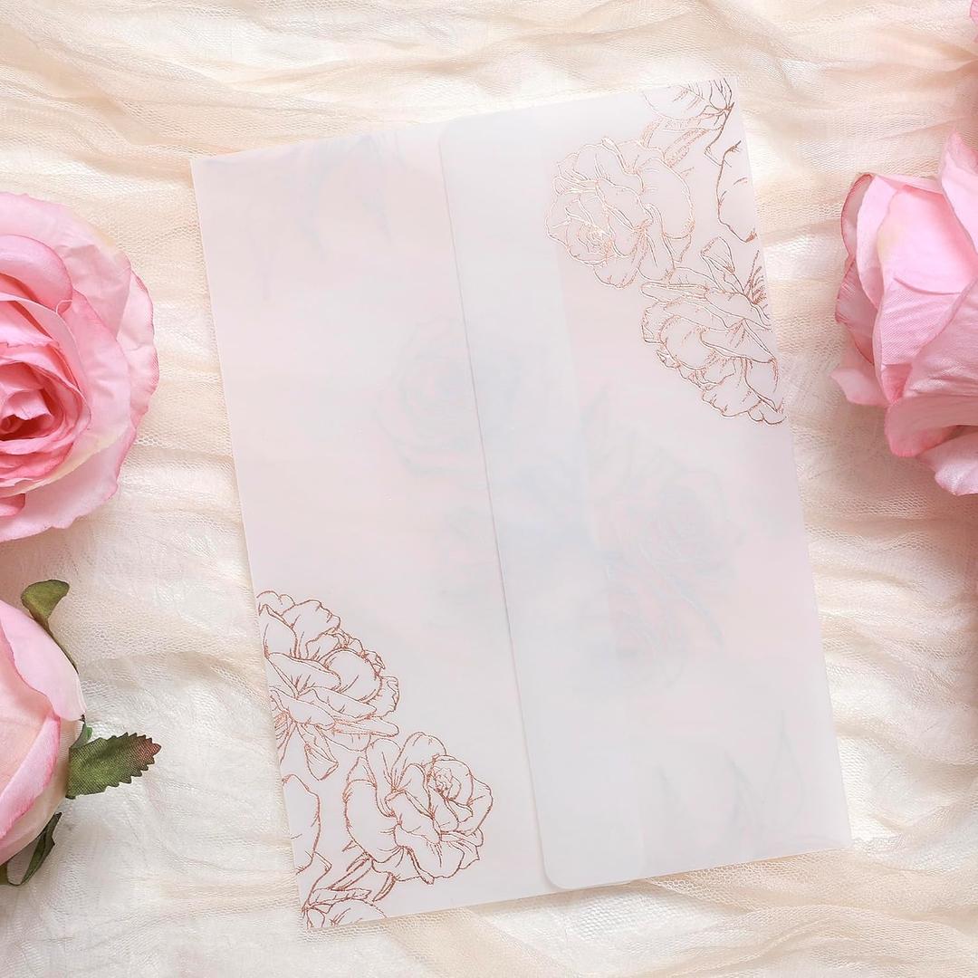 100 Pack Vellum Jackets for 5x7 Invitations - Pre-Folded Vellum Paper 5x7, 130GSM Translucent Wedding Invitations Wraps for Wedding, Birthday Invitation (Rose Gold Foil Rose Pattern)