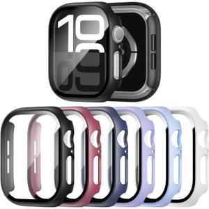 6 Pack Case with Tempered Glass Screen Protector for Apple Watch Series 11(2025) Series 10 42mm(2024), Hard PC Ultra-Thin Scratch Resistant Protective Face Cover for iWatch Series 10 11 42mm (Black+Blue+Wine+Light purple+Ice blue+White)