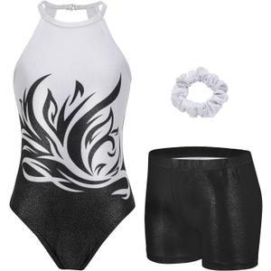 Zaclotre Girls Dance Leotards Sparkly Sleeveless Gymnastics Outfit with Shorts Activewear Leotard Black Flame 6-7Y
